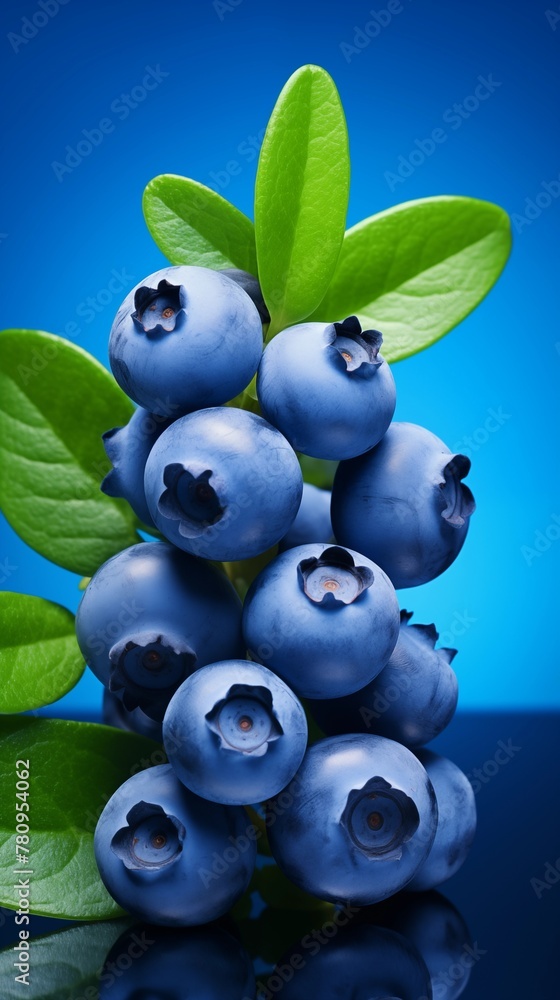 Vibrant Fresh Blueberries with Lush Green Leaves on Blue Background. Vibrant Fresh Blueberries with Lush Green Leaves on Blue Background.