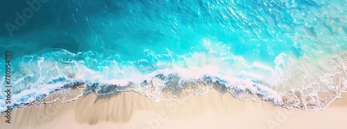 Relaxing aerial beach scene, summer vacation holiday template banner. Waves surf with amazing blue ocean lagoon, sea shore, coastline. Perfect aerial drone top view. AI generated illustration