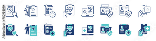 health check-up diagnosis report icon vector set medical document record information health prescription signs illustration for web and app