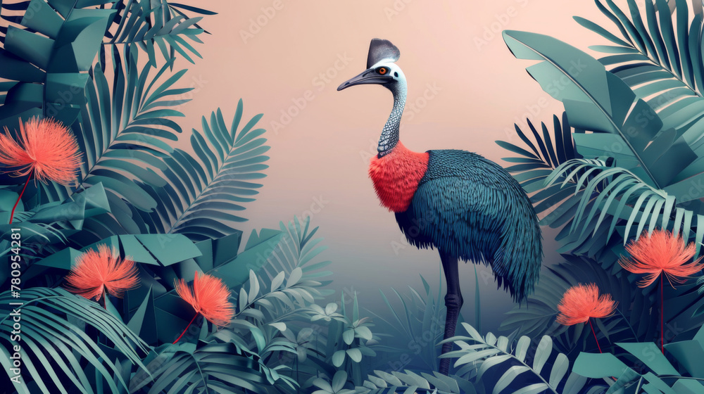 Obraz premium Artistic rendering of an exotic bird with colorful feathers in a stylized jungle environment.