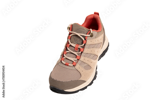 comfortable New trekking sneaker, waterproof brown hiking boot with laces isolated, modern footwear, natural suede for outdoor hiking, camping © kittyfly