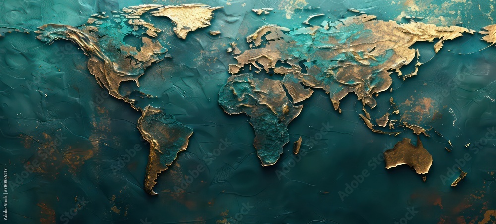 Wide horizontal banner of world map embossed in stylized illustration hardstyle with empty copy space