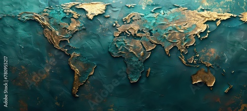 Wide horizontal banner of world map embossed in stylized illustration hardstyle with empty copy space