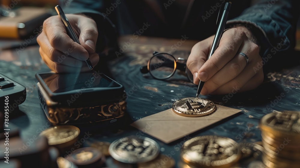 A detailed view captures a man as he discreetly writes down his secret cryptocurrency wallet recovery A detailed view captures a man as he discreetly writes down his secret cryptocurrency wallet recovery