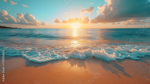 Sea sand sky closeup, sunset colors clouds, horizon sea water surface background banner. Inspire nature landscape coast
