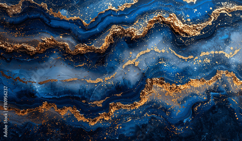 Abstract background featuring shades of blue and gold swirling together in a marble pattern. colors blend seamlessly to create a mesmerizing and visually striking background, Generative AI.