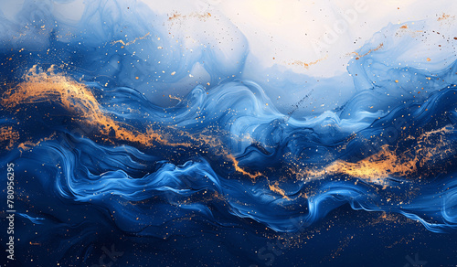 Abstract background featuring shades of blue and gold swirling together in a marble pattern. colors blend seamlessly to create a mesmerizing and visually striking background, Generative AI.