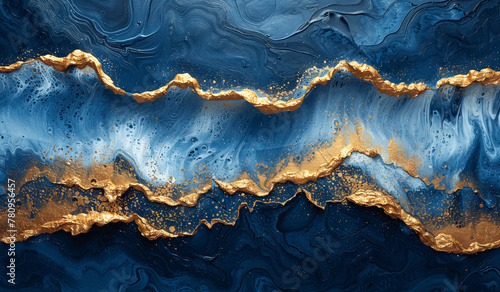 Abstract background featuring shades of blue and gold swirling together in a marble pattern. colors blend seamlessly to create a mesmerizing and visually striking background, Generative AI.