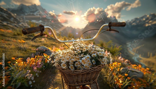 a vintage bicycle with a bouquet of yellow flowers in a basket against the background of a harvested rye field with haystacks. AI generated illustration photo