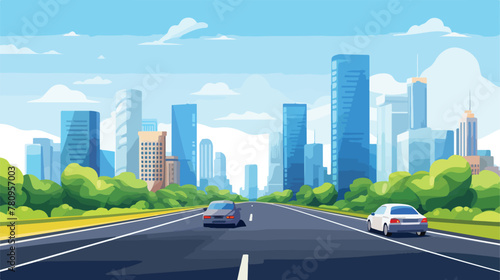Cars driving highway towards modern city. Vector ca