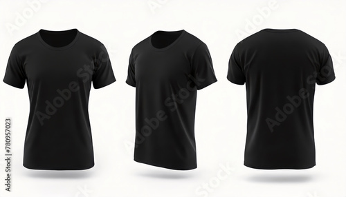 Set of black tee t shirt round neck front, back and side view on white background, mockup template