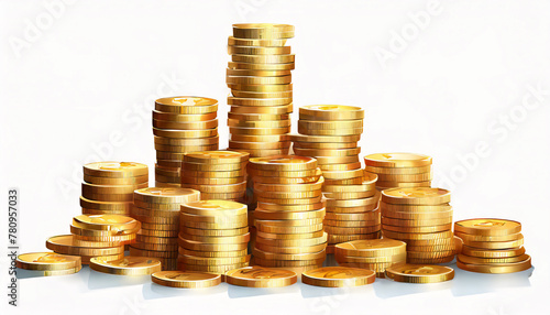 Set of stacked gold blank metal coins, realistic money, cash, treasure heap