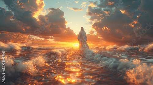 A man walking on water, effortlessly cutting through the waves  background depict a vast expanse of water, with the horizon stretching into the distance, Generative AI. photo