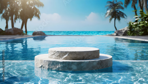 Stone podium stand in blue pool water. Summer background of tropical design product placement display. Hotel resort poolside backdrop