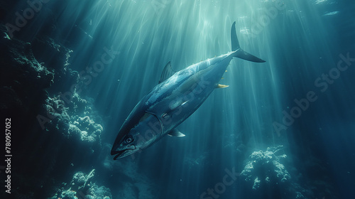 tuna fish swimming in the calm sea, afternoon light shining on the surface of the water, Ai Generated Images