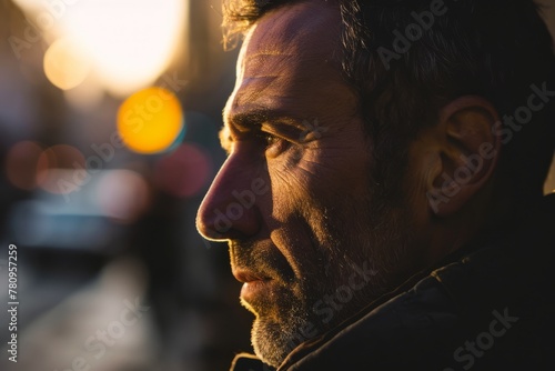 Portrait of a man in the city at sunset. Close up.