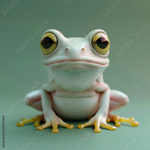 Hyper-realistic 3D illustration of a green tree frog with detailed eyes and smooth skin, against a soft background.
