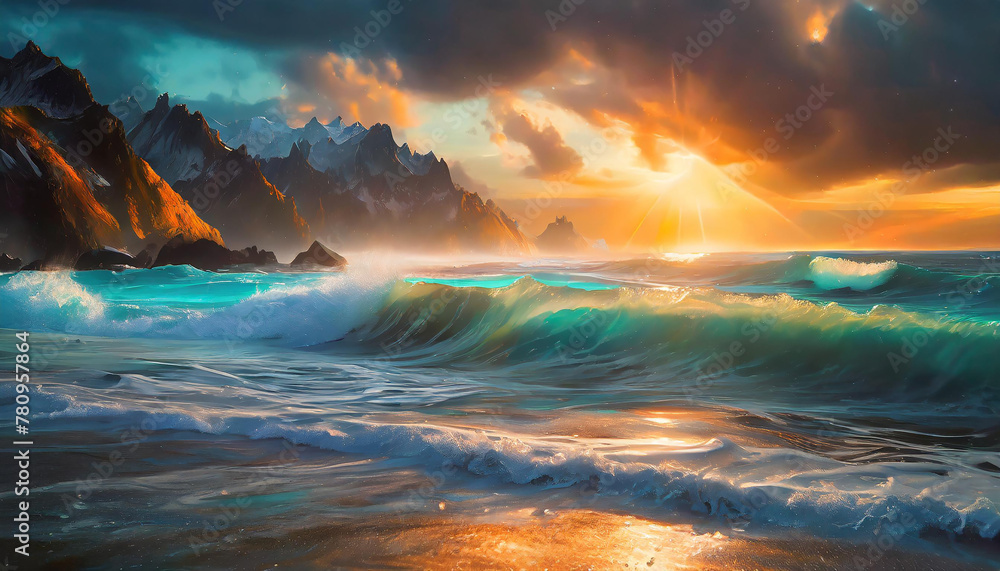 Dramatic seascape with waves crashing on rocks during a radiant sunset. Generative Ai