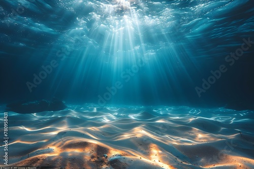 Light rays revealing sandy ocean floor in serene underwater setting. Concept Underwater Photography, Natural Light, Ocean Floor, Serene Setting, Light Rays