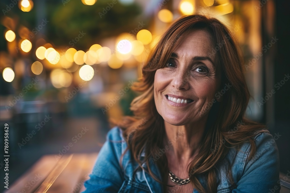 Portrait of happy mature woman sitting on bench and looking at camera Portrait of happy mature woman sitting on bench and looking at camera