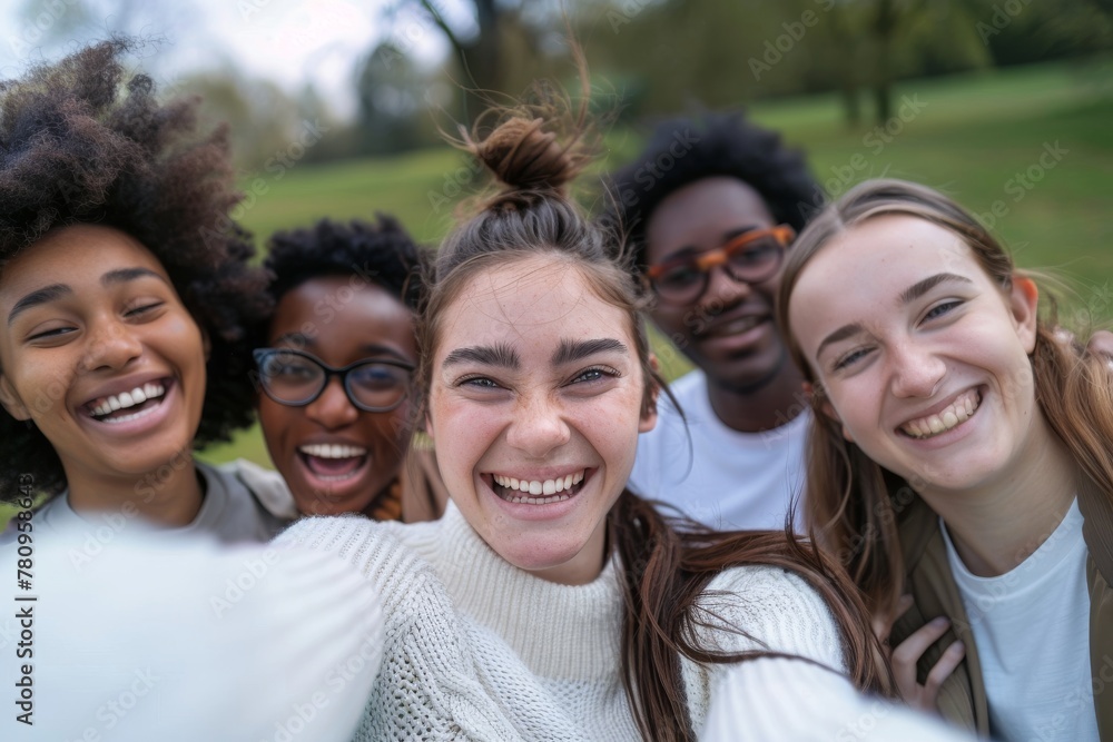Multiracial group of collage friends taking big group selfie shot smiling at camera - Laughing young people standing outdoor and having fun - Cheerful students portrait outside school Multiracial group of collage friends taking big group selfie shot smiling at camera - Laughing young people standing outdoor and having fun - Cheerful students portrait outside school