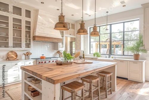 Coastal farmhouse kitchen with whitewashed cabinets and butcher block countertops photo