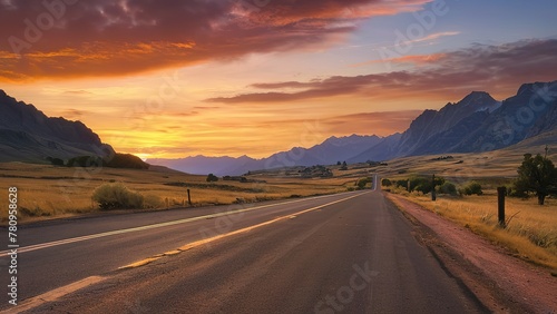 View from Below of an Empty Old Asphalt Road in the Mountains at Sunset