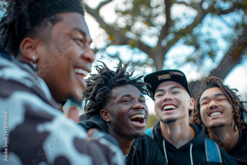 Multiracial group of collage friends taking big group selfie shot smiling at camera - Laughing young people standing outdoor and having fun - Cheerful students portrait outside school © MD Media
