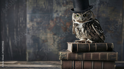 A wise owl sports a classic bowler hat as he rests on stacks of old vintage books. Majestic owl and piercing eyes with an aura of knowledge and erudition. photo