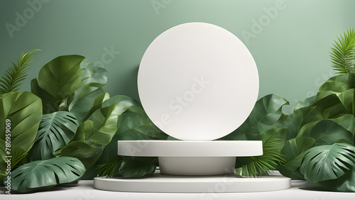 Contemporary White Podium Stage Rack front view focus with Green Stone and Tropical Leaves Background. Generative AI.