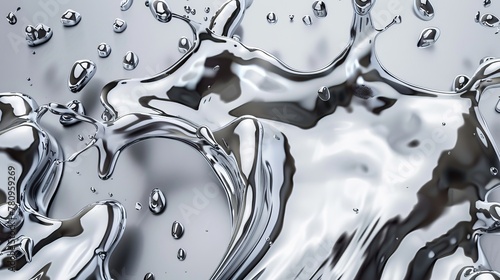 Realistic metal drops are depicted in 3D chrome paint splash, with mercury drip and liquid silver blob shapes on a transparent background, creating glittering brushstrokes for artistic effects photo