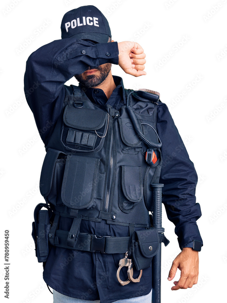 Young hispanic man wearing police uniform covering eyes with arm, looking serious and sad. sightless, hiding and rejection concept Young hispanic man wearing police uniform covering eyes with arm, looking serious and sad. sightless, hiding and rejection concept