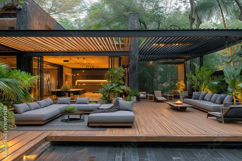 Interior design of a lavish side outside garden at morning, with a teak hardwood deck and a black pergola. Scene in the evening with couches and lounge chairs by the pool