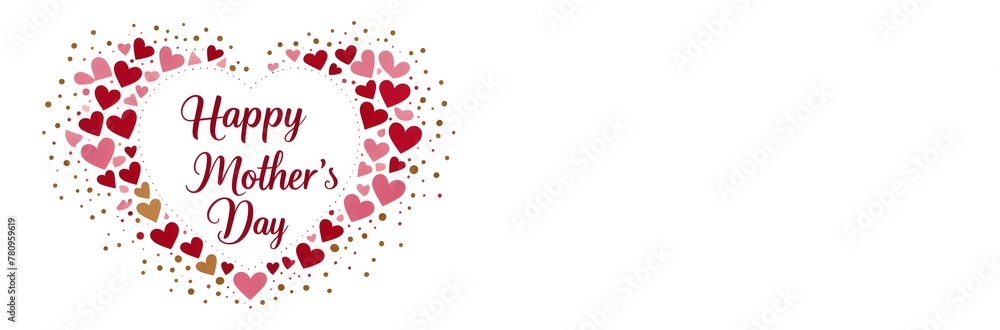 Red, pink and white hearts with golden confetti for Mother's Day isolated white background with text happy Mother's Day