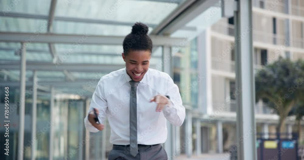 City, dance and happy business man with phone for celebration, success or salesman win outdoor. Excited professional, moving or energy for good news, opportunity and goal achievement of job promotion City, dance and happy business man with phone for celebration, success or salesman win outdoor. Excited professional, moving or energy for good news, opportunity and goal achievement of job promotion
