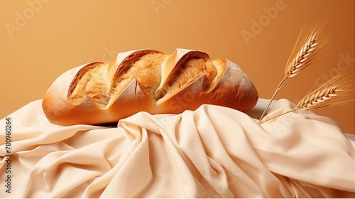 Artisanal Bread Loaf with Wheat Ears on Neutral Drapery.
