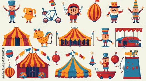 Cartoon happy circus show icons collection 2d flat