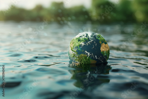 Earth globe on water surface with natural background, concept of rising sea levels