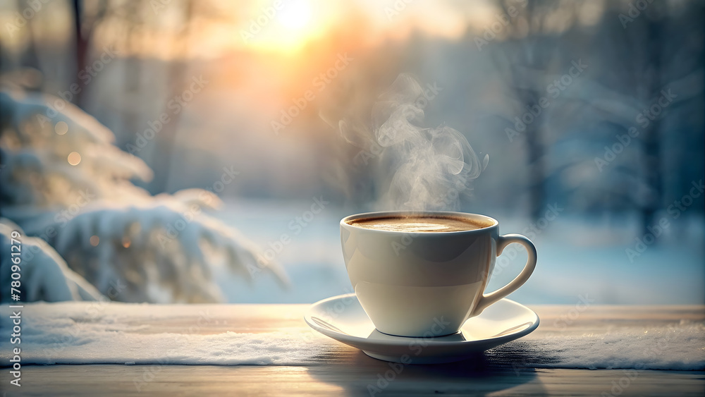 Snow-covered table holds a steaming cup of coffee, inviting with warmth and aroma on a chilly morning