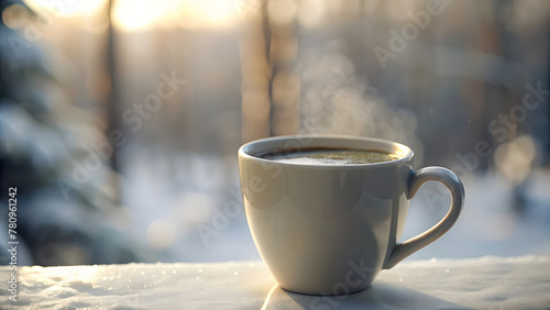 Snow-covered table holds a steaming cup of coffee, inviting with warmth and aroma on a chilly morning