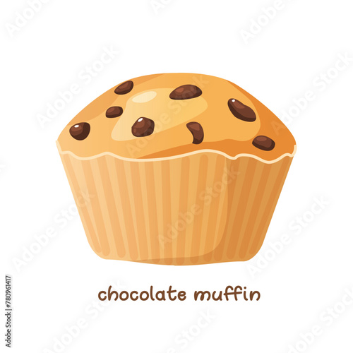 Vector tasty muffin with chocolate filling and chocolate chips isolated on white background.
