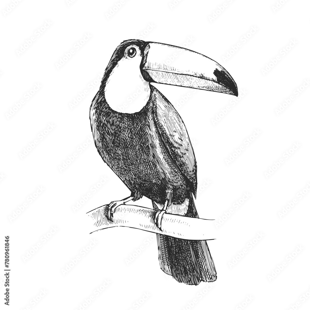 Fototapeta premium Vector hand-drawn illustration of Toco Toucan in engraving style. Black and white sketch of bird of South America isolated on white.