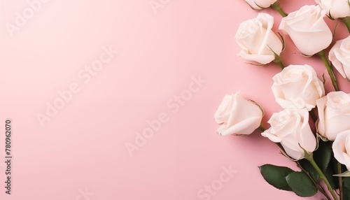 Fototapeta Naklejka Na Ścianę i Meble -  Flores rosas sobre fondo rosa pastel. Espacio para texto.