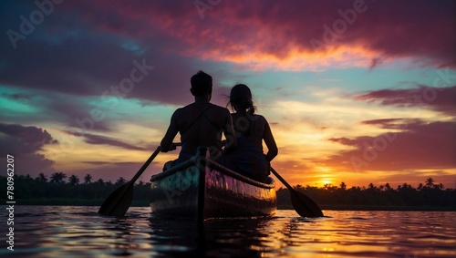 Ribeirinhos navegando em uma canoa, em um rio tributário do Rio Amazonas, Brasil photo