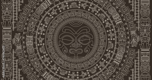 Ancient Mayan Calendar. Abstract design with an ancient Mayan ornament. Images of characters of ancient American Indians.The Aztecs, Mayans, Incas. The Mayan alphabet.