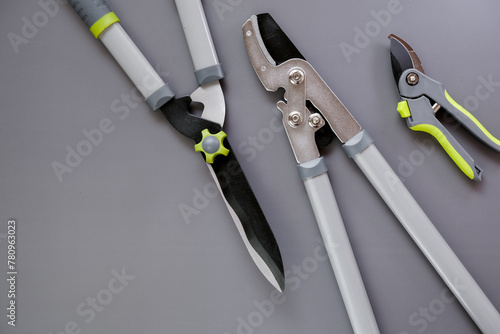 Steel garden tools on gray background. Secateurs, loppers and hedge trimmers.Garden equipment and tools. 