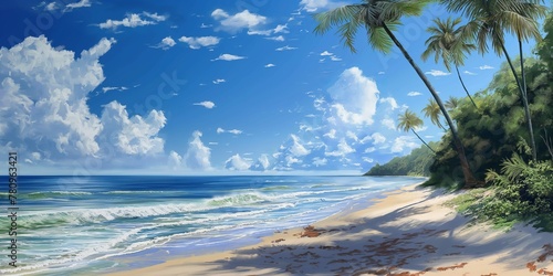A painting featuring a sandy beach lined with tall palm trees under a blue sky.