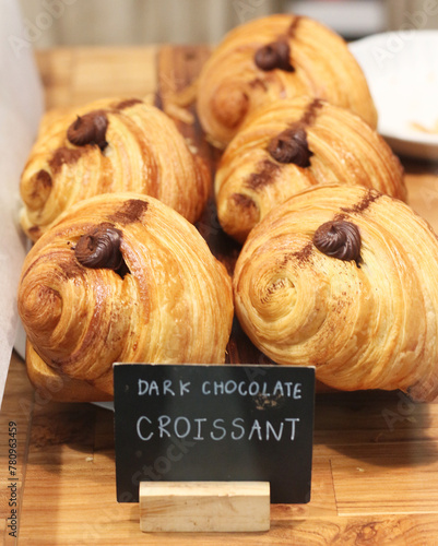 Dark chocolate croissant in the coffee shop