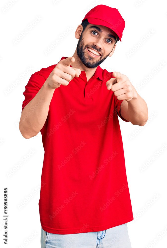 Young handsome man with beard wearing delivery uniform pointing fingers to camera with happy and funny face. good energy and vibes. Young handsome man with beard wearing delivery uniform pointing fingers to camera with happy and funny face. good energy and vibes.