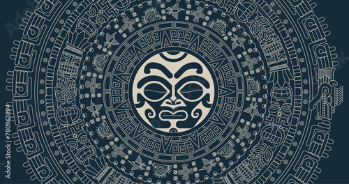 Ancient Mayan Calendar. Abstract design with an ancient Mayan ornament. Images of characters of ancient American Indians.The Aztecs, Mayans, Incas. The Mayan alphabet.